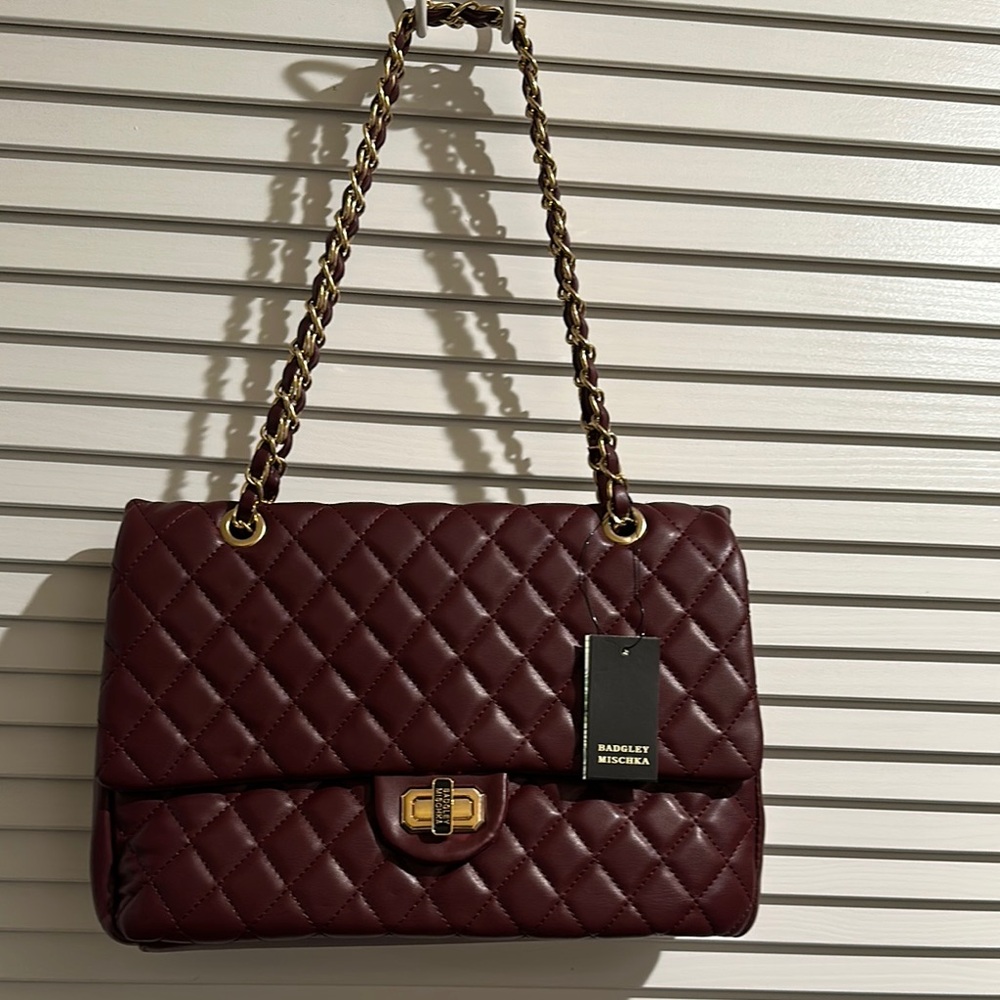 NWT Badgley Mischka Burgundy Vegan Quilted Leather Messenger Bag.